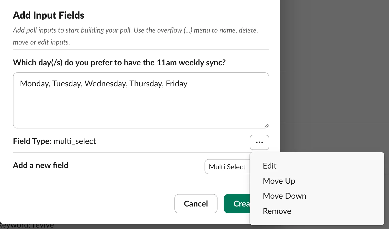 Create form modal options